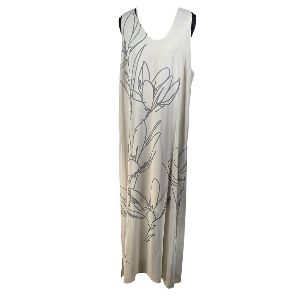 Vince Camuto Women Floral Line Art Sleeveless Maxi Dress Cream Grey Large Layers